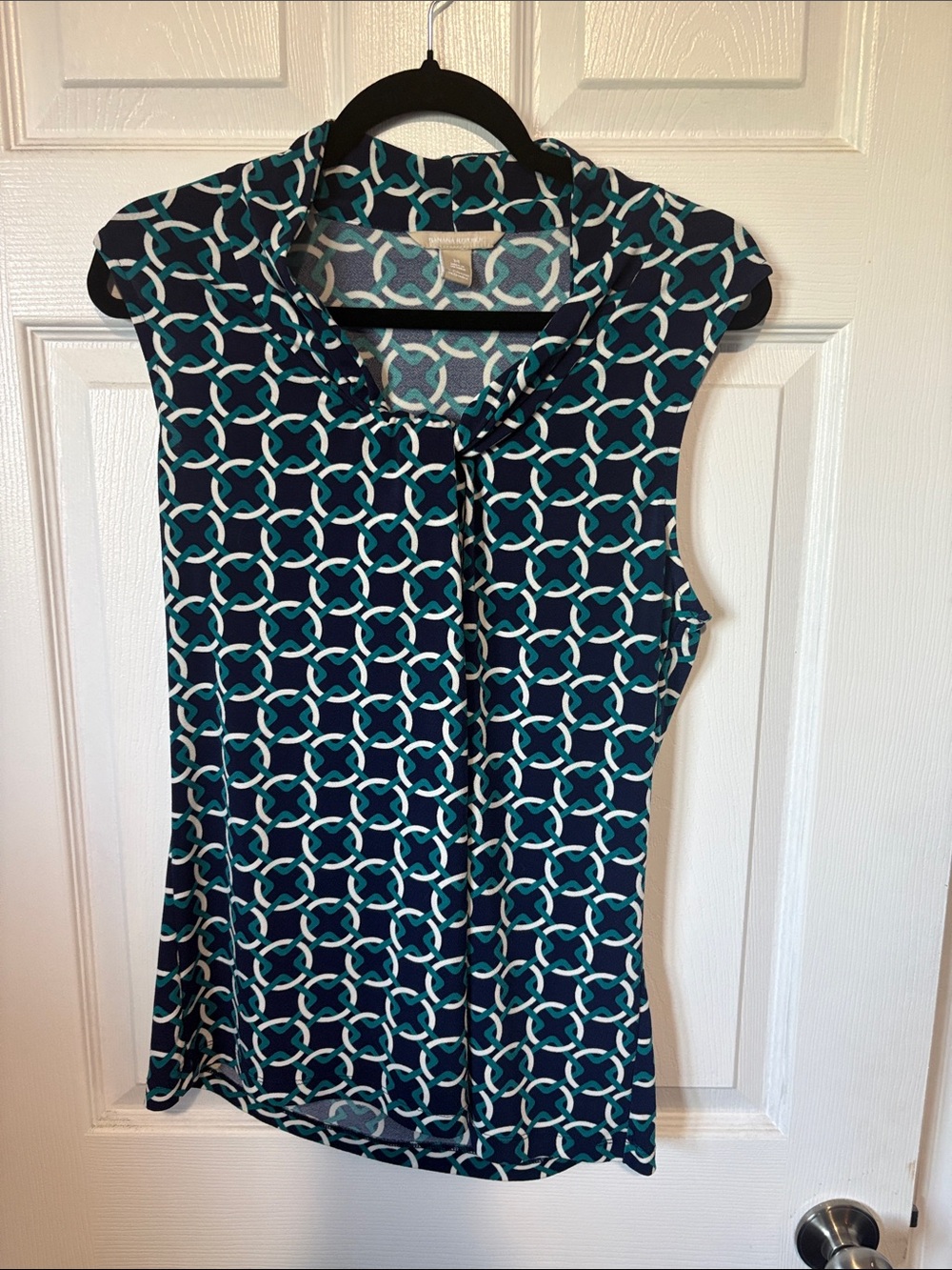 Banana Republic Sleeveless Navy Geometric Tie-Neck Top